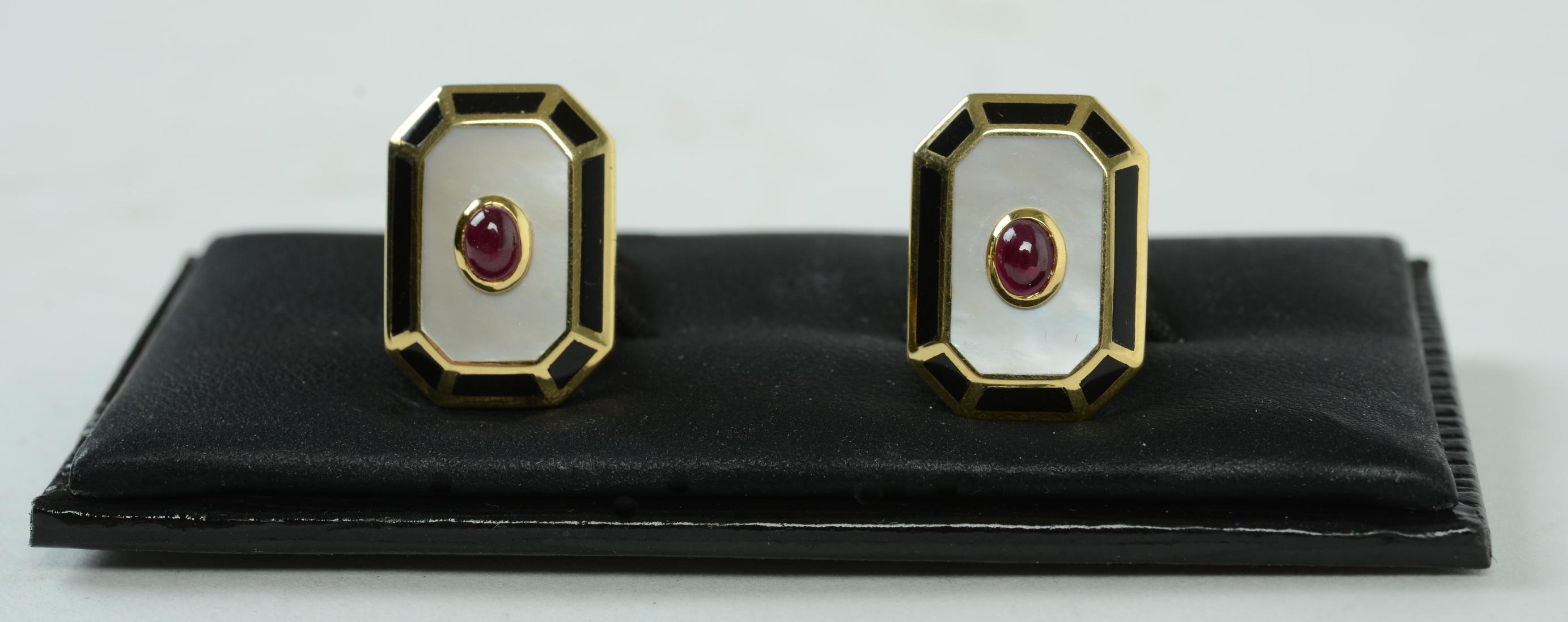Classic Art Deco Style, Mother of Pearl, Cabochon Ruby, and Black Onyx Cufflinks 2