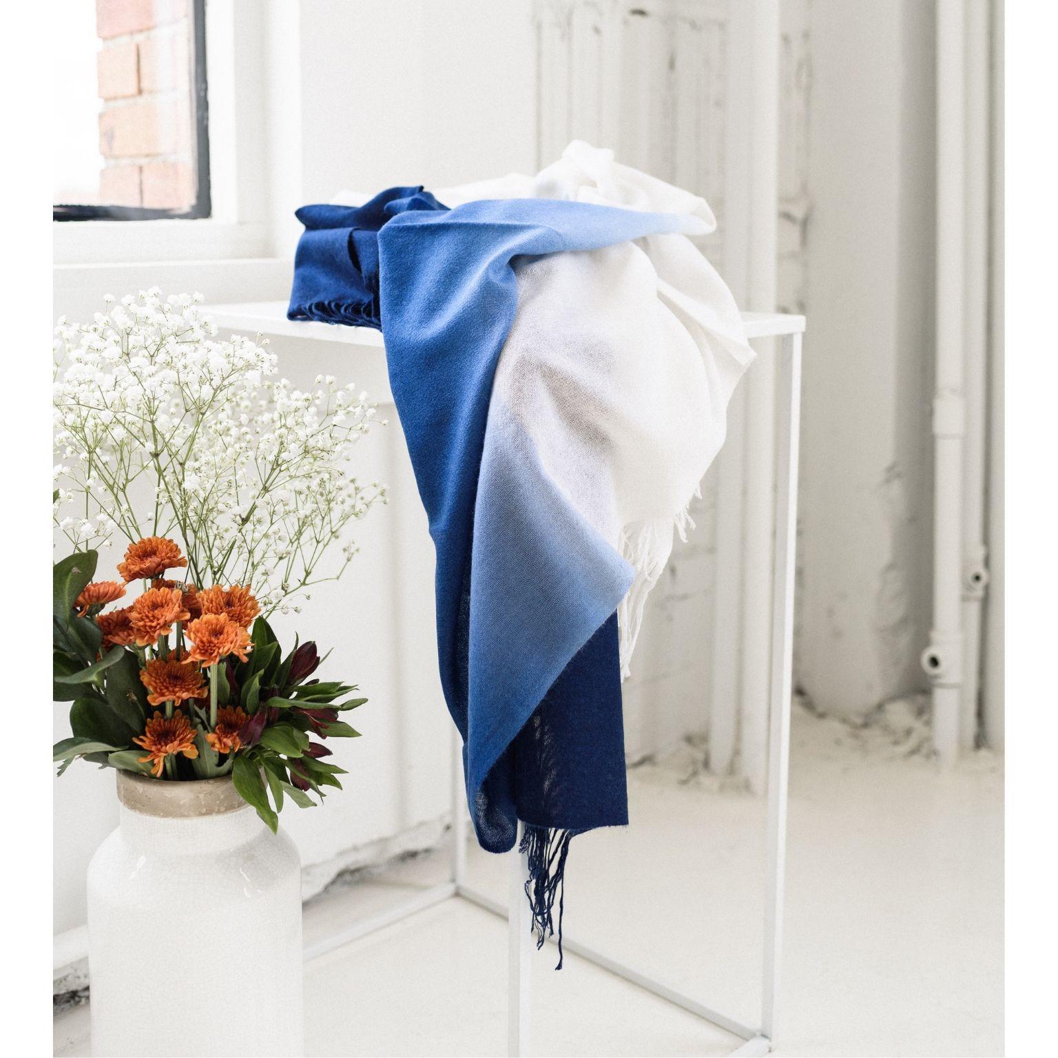 Yarn AZURE Handloom Cashmere Light Weight Ombre Dyed Throw / Blanket  For Sale