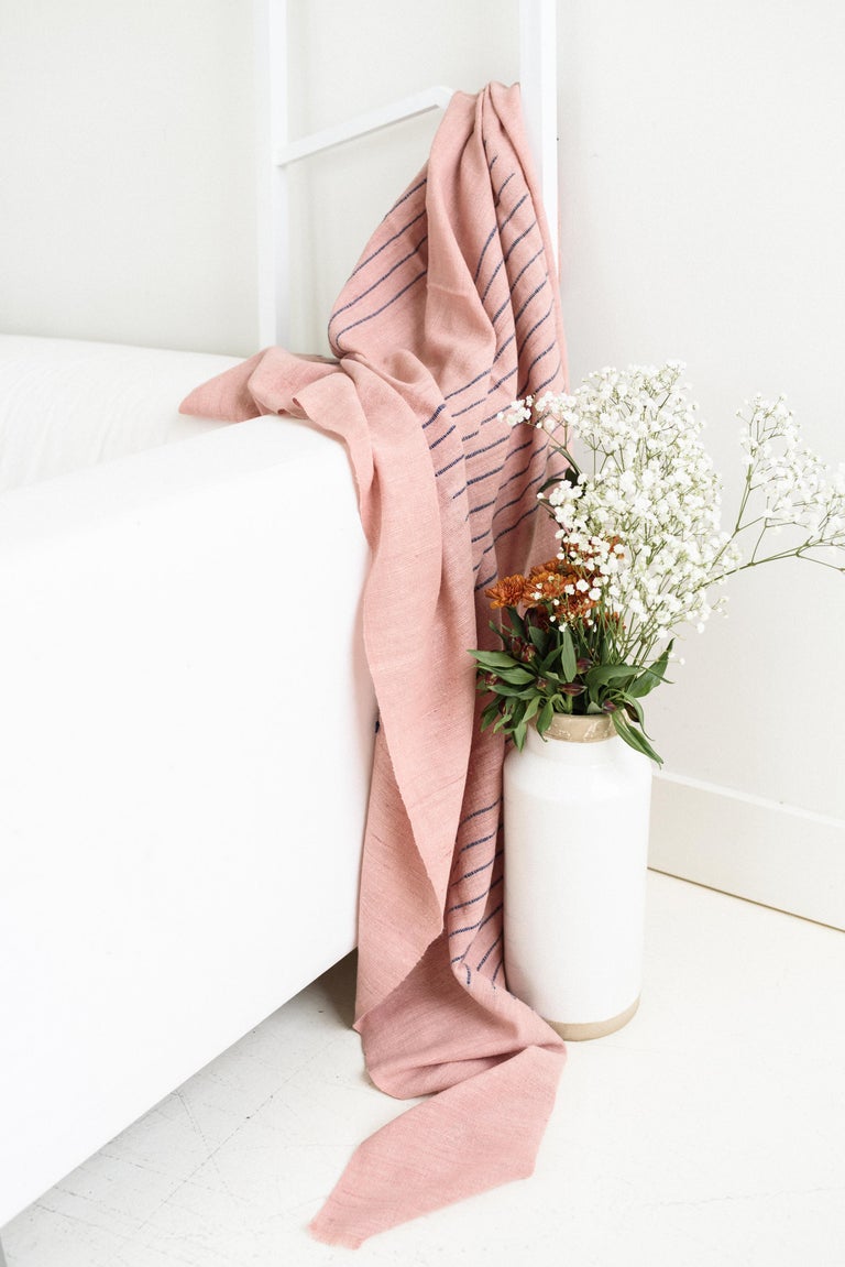 Modern Rosewood Dusty Pink Handloom Throw / Blanket in Stripe Design For Sale