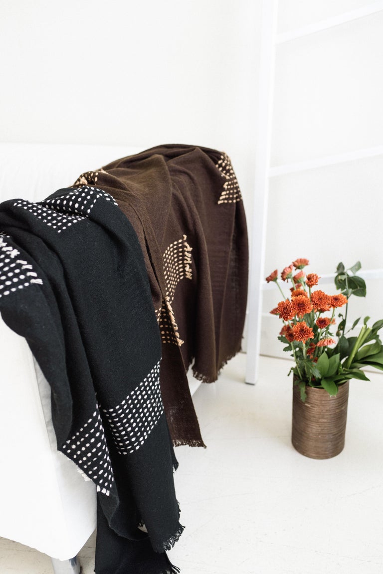 Walnut Dark Brown Handloom Throw / Blanket in Handspun Yak and Stripes Pattern For Sale at