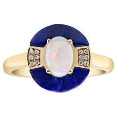 Classic Australian Opal Lapis with Diamond Accents 14k Yellow Gold Cocktail Ring