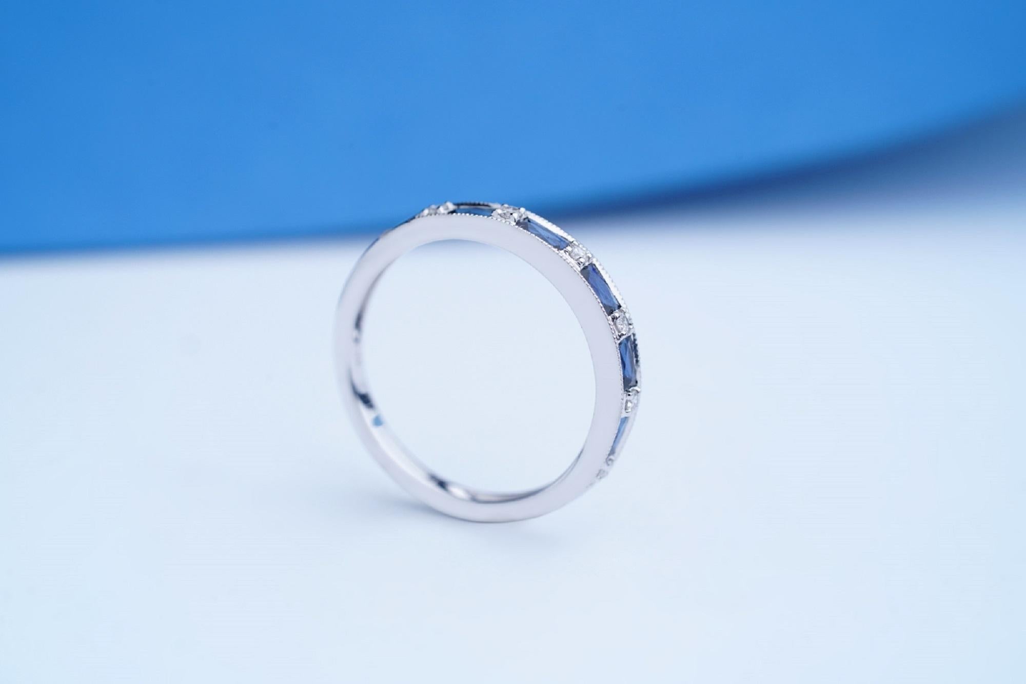 Baguette Cut Classic Baguette-Cut Blue Sapphire with Round-Cut Diamond 14k White Gold Ring For Sale