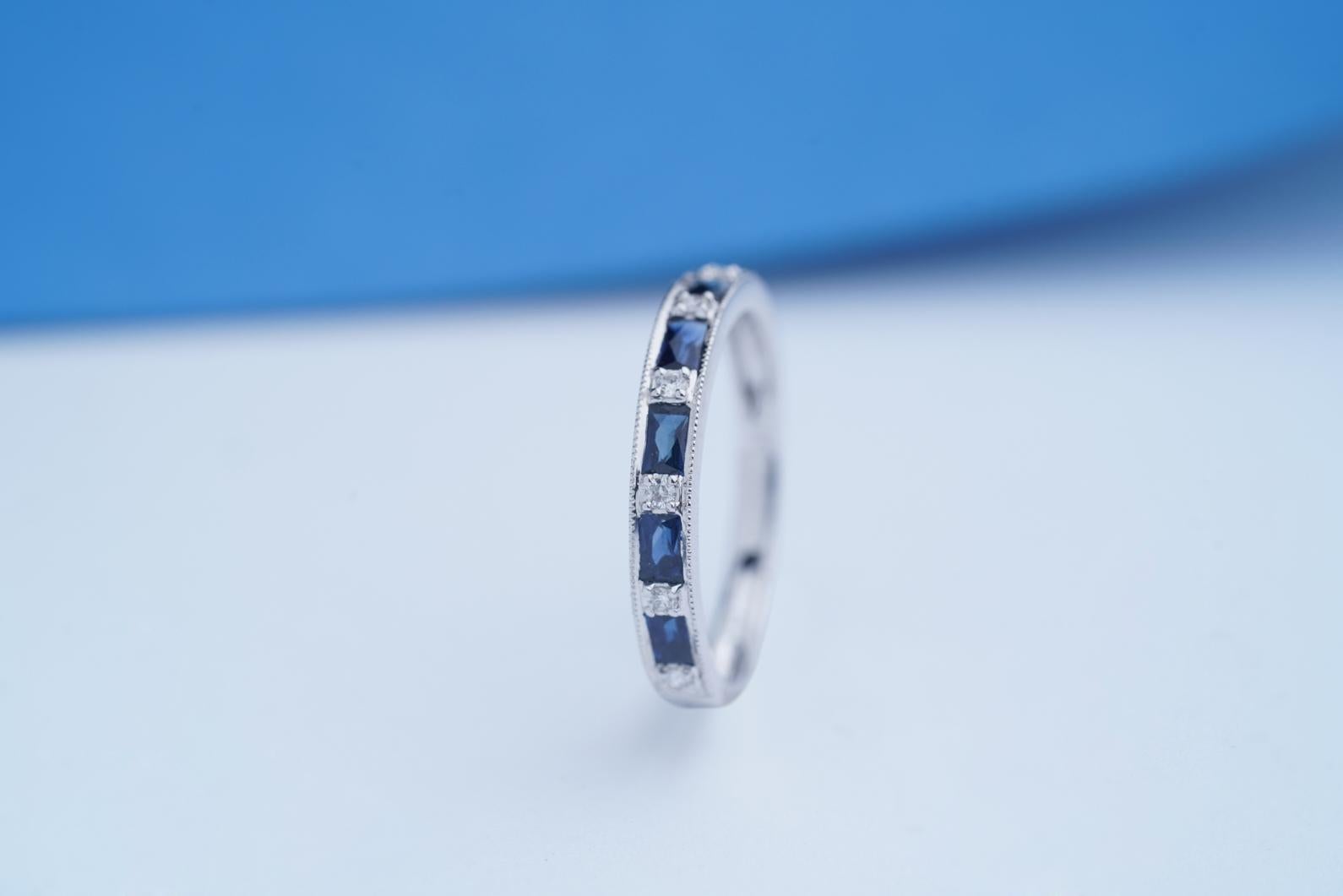 Women's Classic Baguette-Cut Blue Sapphire with Round-Cut Diamond 14k White Gold Ring For Sale