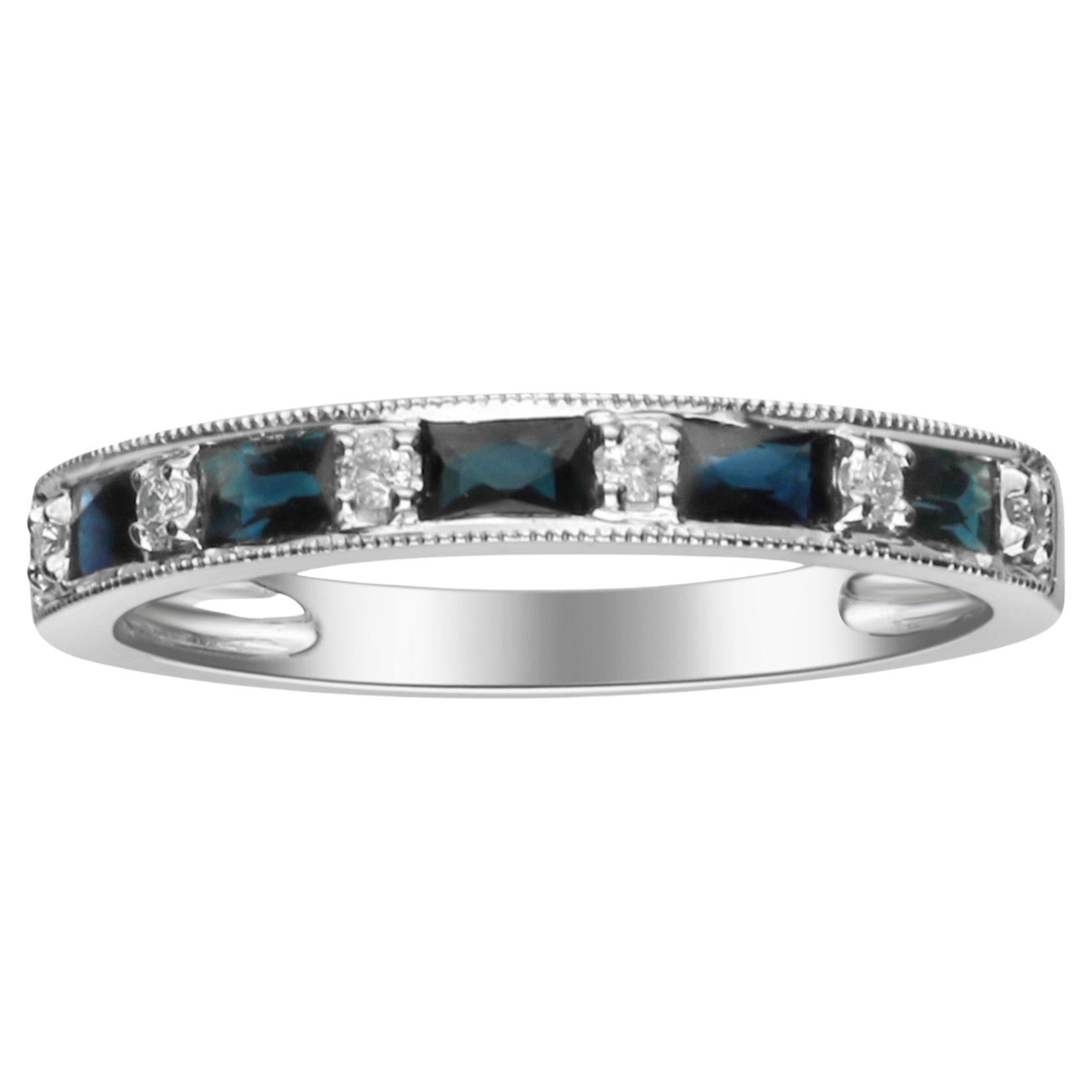 Classic Baguette-Cut Blue Sapphire with Round-Cut Diamond 14k White Gold Ring For Sale