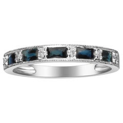 Used Classic Baguette-Cut Blue Sapphire with Round-Cut Diamond 14k White Gold Ring