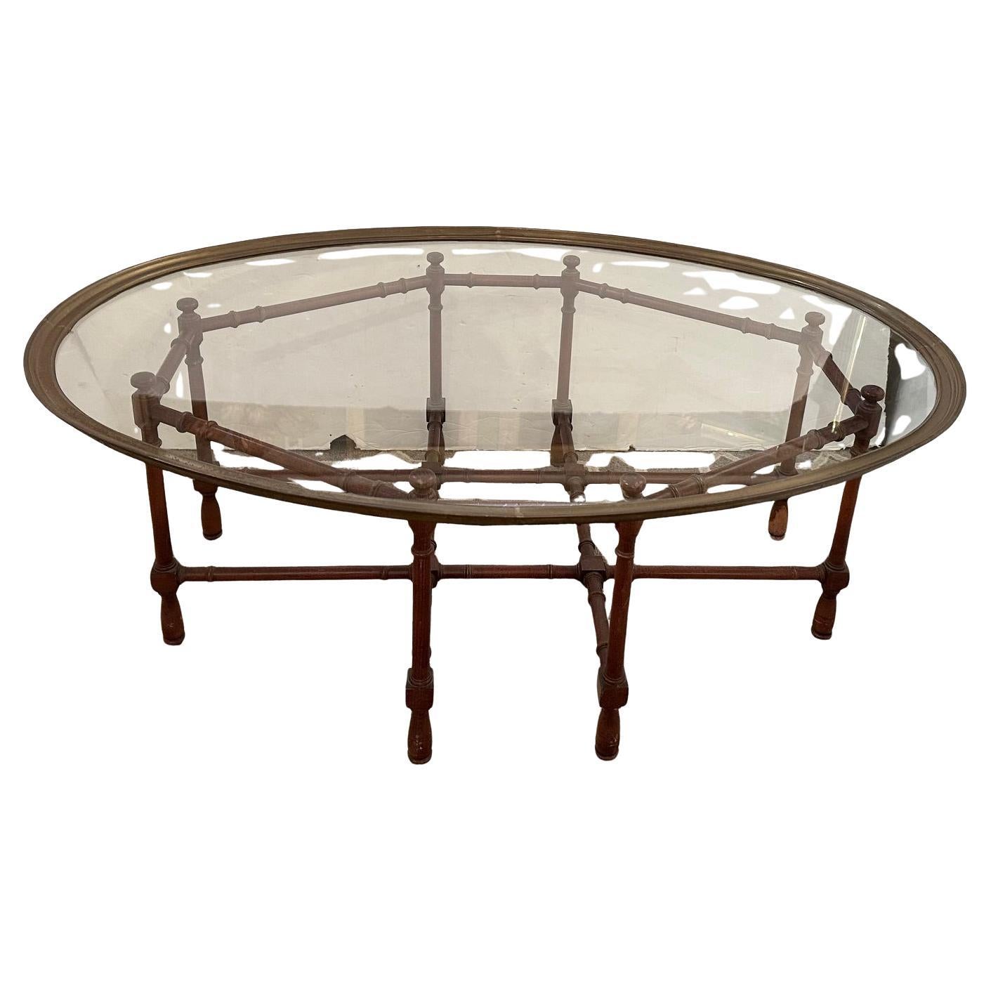 Classic Baker Oval Tray Brass and Glass Coffee Table with Faux Bamboo Base