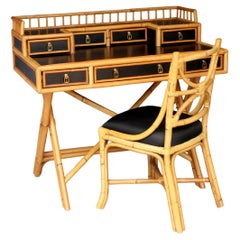 Retro Classic Bamboo & Lacquer Campaign Desk With Chair By E. Murio