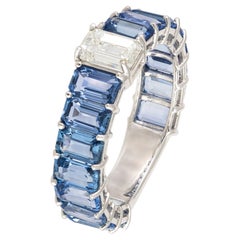 Classic Band Blue Sapphire White 18K Gold White Diamond Ring for Her