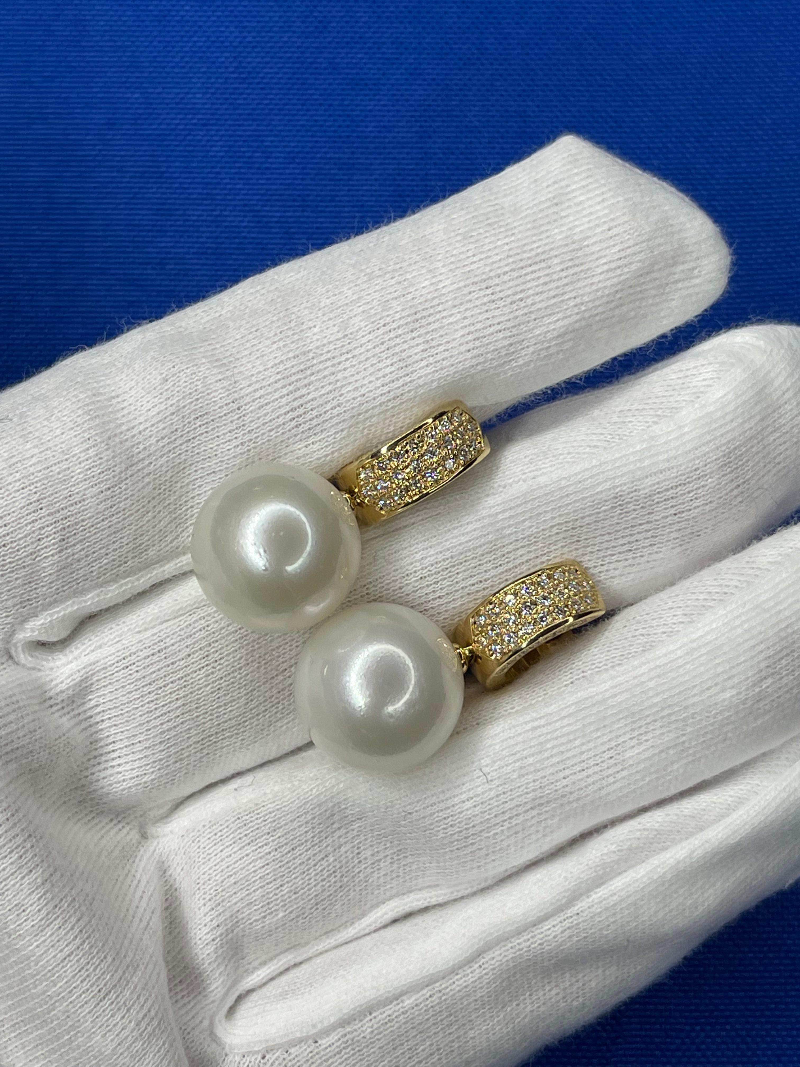 South Sea White Round Pearl Diamond 18K Yellow Gold Hinge Pave Huggie Earrings For Sale 2