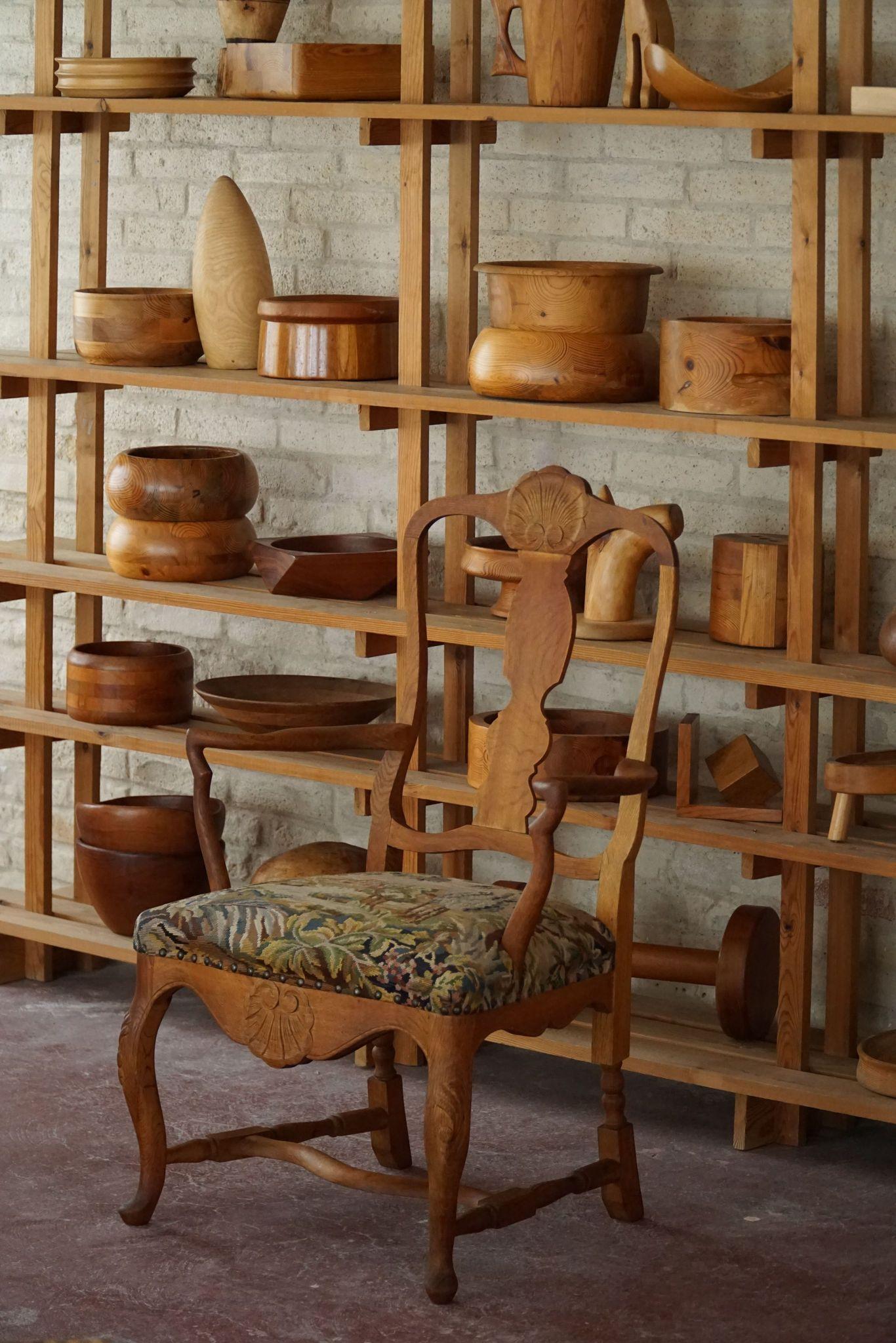 Fabric Classic Baroque Style Armchair in Oak, Made by a Danish Cabinetmaker, 1930s For Sale