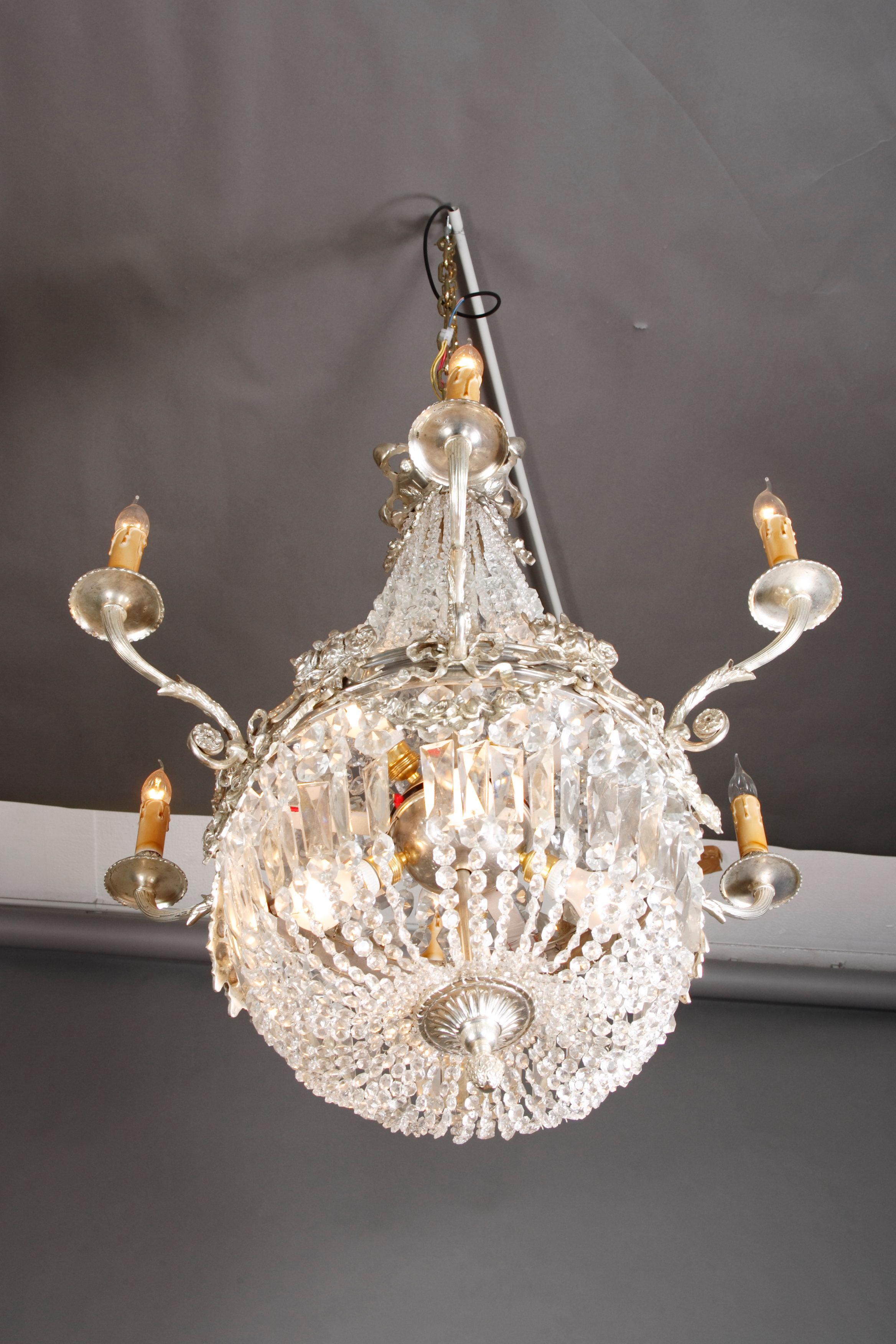 Galvanized Classic Basket Chandelier in Antique Biedermeier Style Silver Plated Bronze For Sale