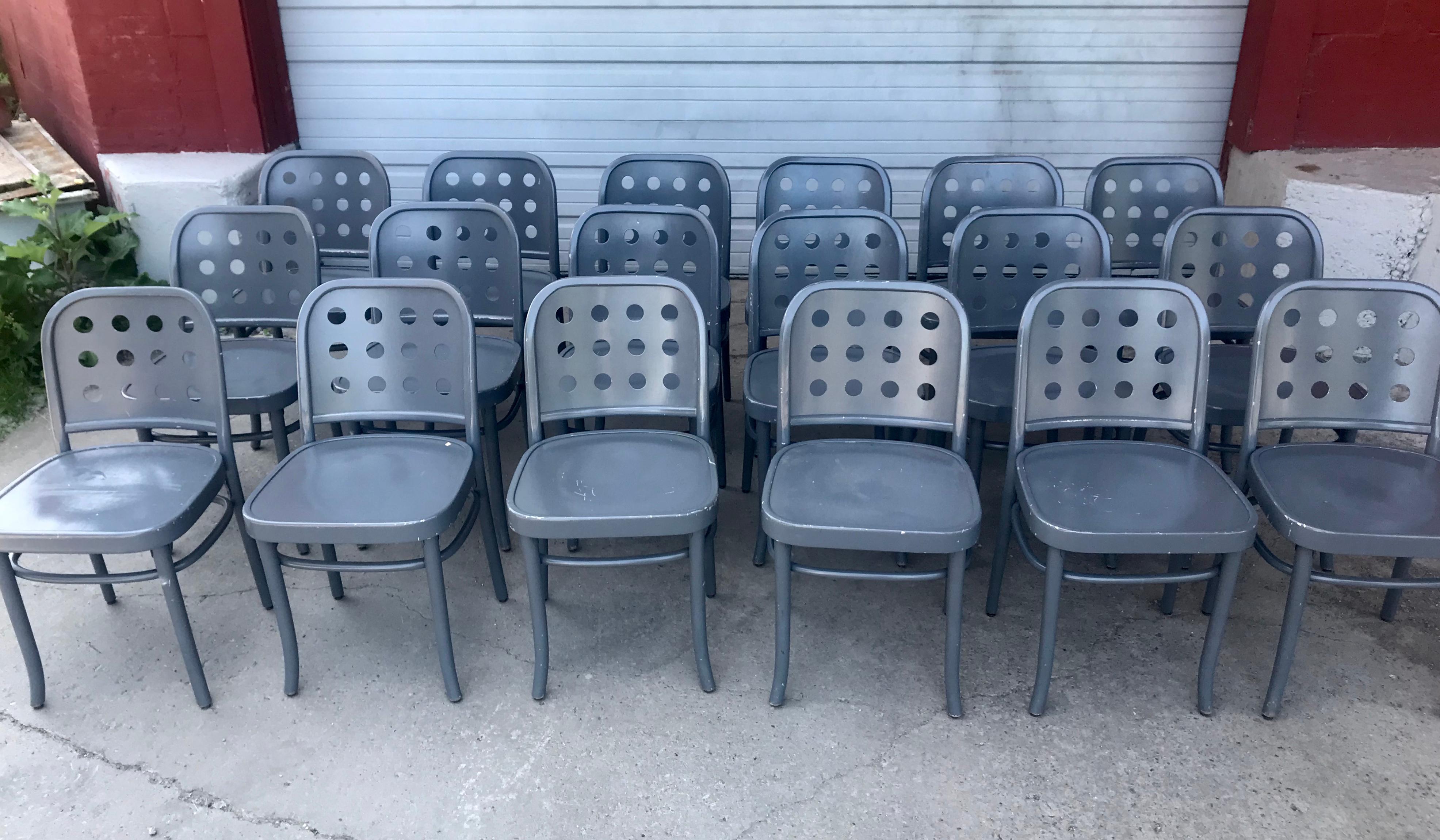 Classic Bauhaus side chairs 6010 designed by Josef Hoffmann/ Oswald Haerdtl. Originally designed in 1929. The plywood seat and backrest are framed by a steamed bent beech frame with twelve symmetrically placed circular holes, The distinctive