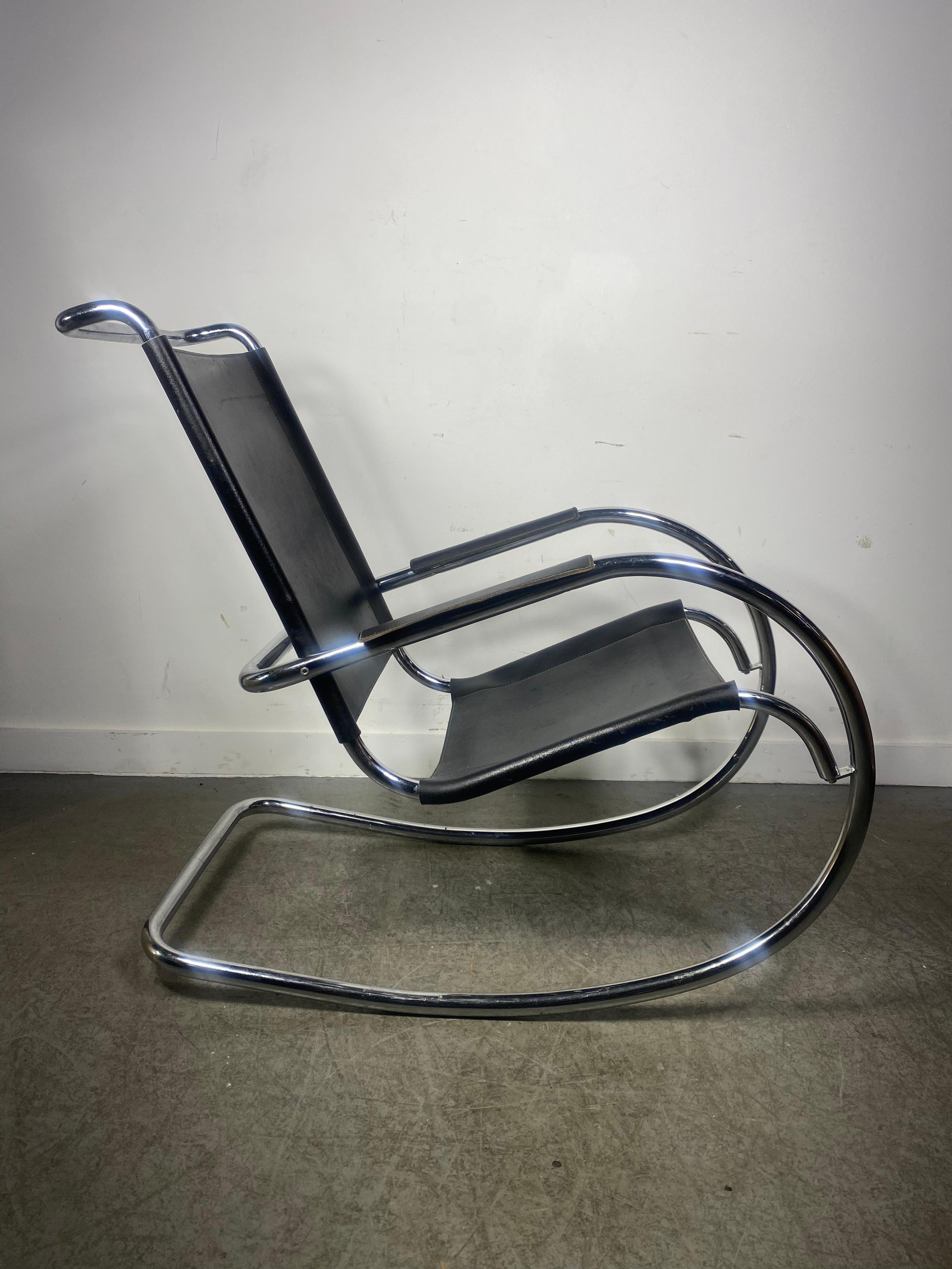 Classic Bauhaus Style Leather and Chrome Rocker, Arter Mies Van De Rohe, Italy For Sale 6