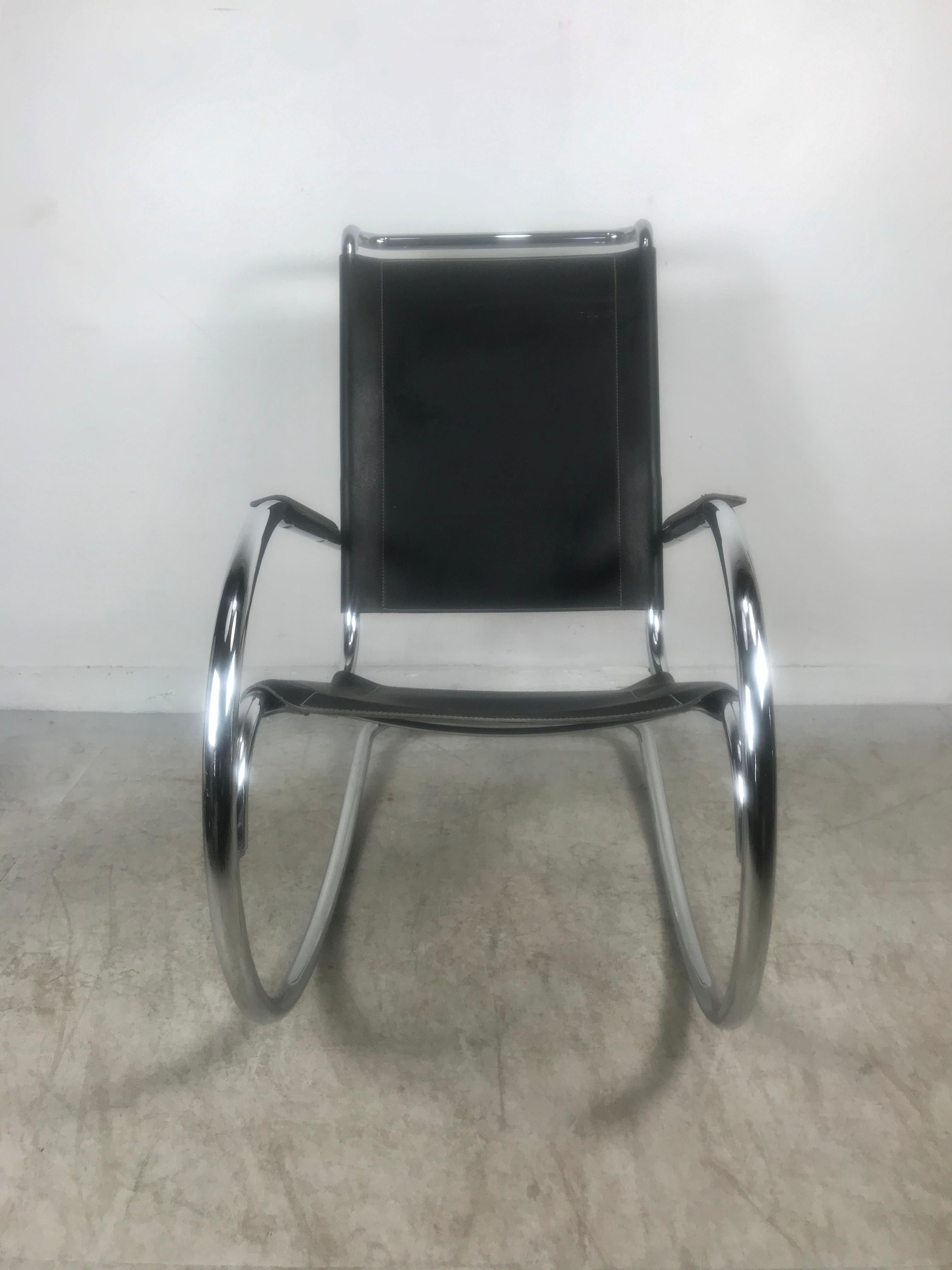 Classic Bauhaus style leather and chrome rocker, after Mies Van De Rohe, made in Italy, wonderful quality and construction, extremely comfortable, retains original MADE IN ITALY label.