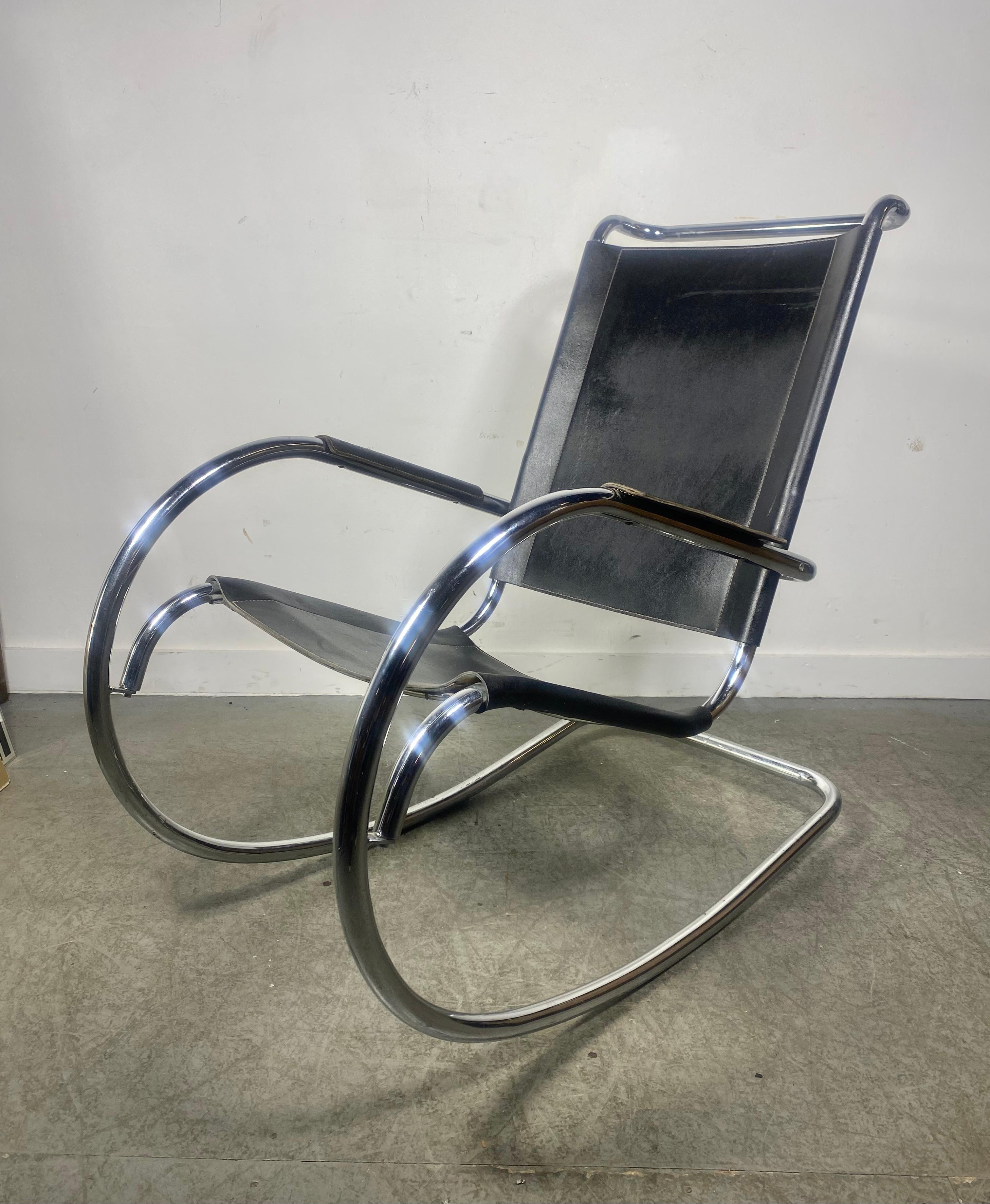 Classic Bauhaus Style Leather and Chrome Rocker, Arter Mies Van De Rohe, Italy In Good Condition For Sale In Buffalo, NY