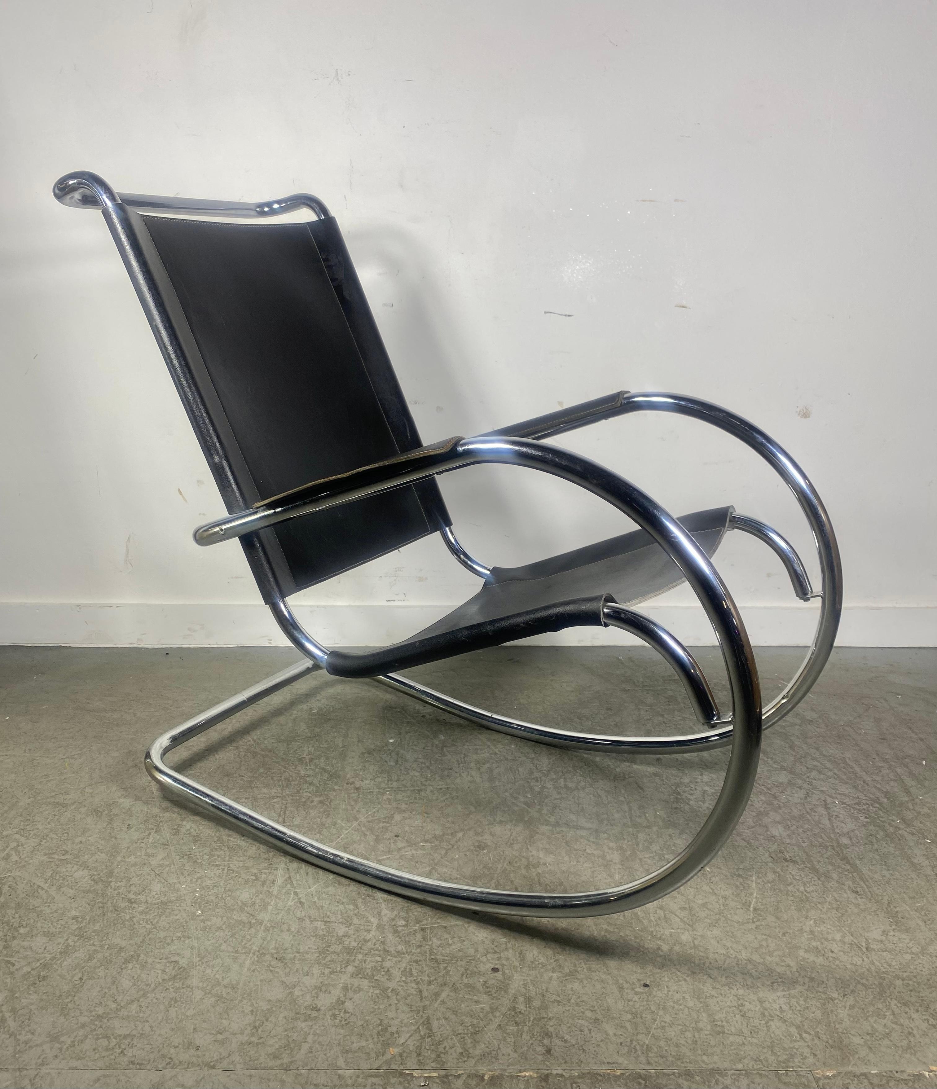 Late 20th Century Classic Bauhaus Style Leather and Chrome Rocker, Arter Mies Van De Rohe, Italy For Sale