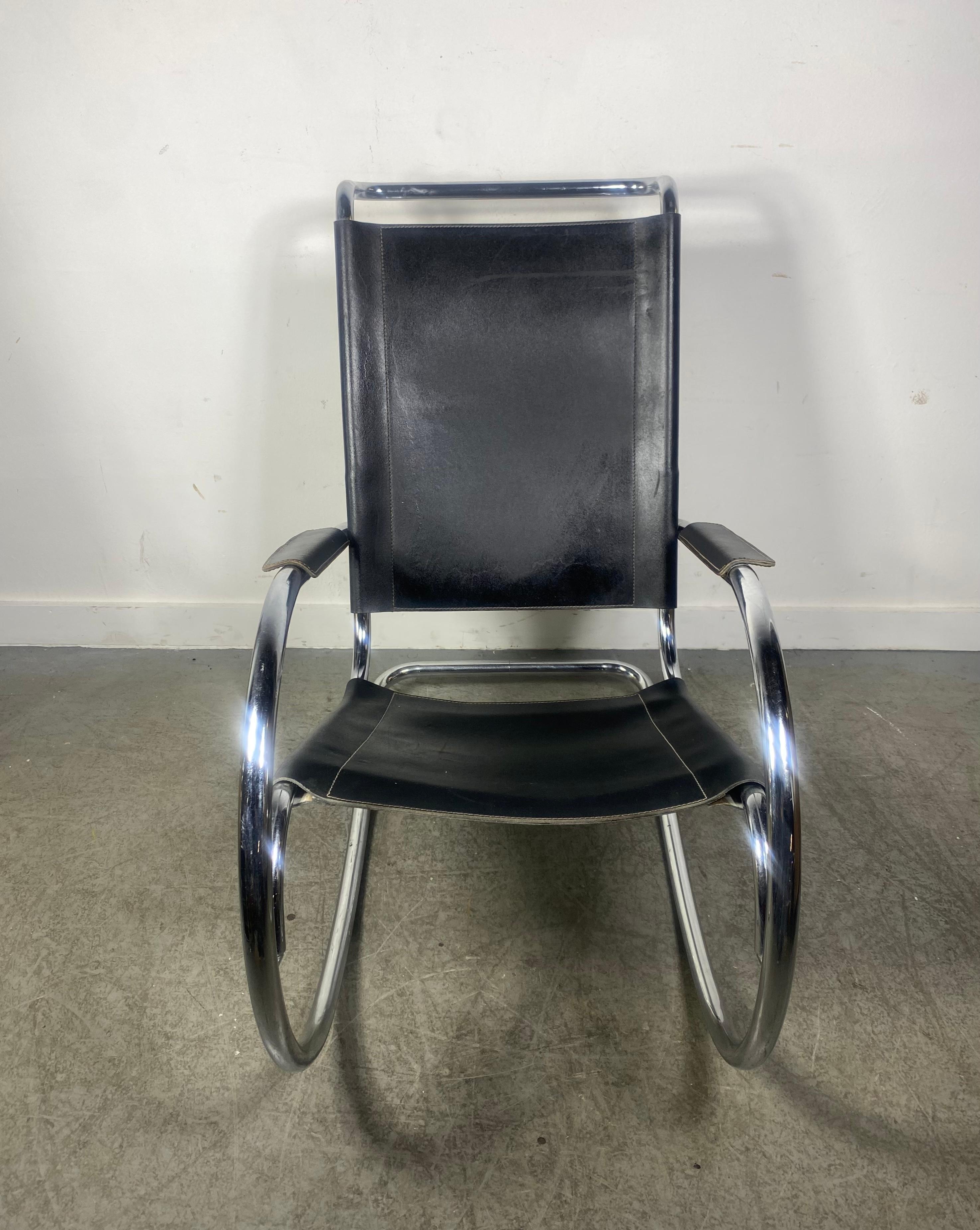 Classic Bauhaus Style Leather and Chrome Rocker, Arter Mies Van De Rohe, Italy For Sale 4