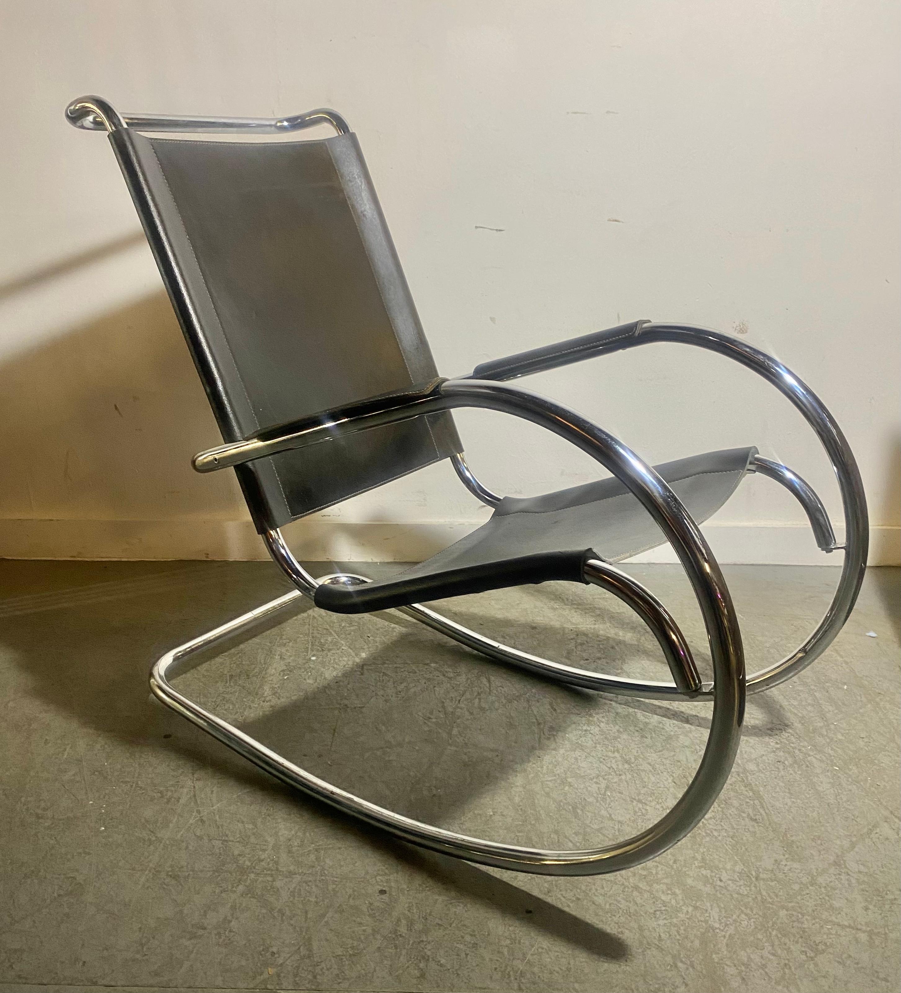 Classic Bauhaus Style Leather and Chrome Rocker, Arter Mies Van De Rohe, Italy