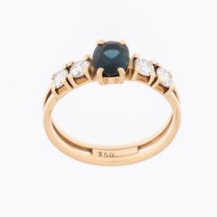 Classic Belgian 18 karat Yellow Gold Ring with Diamonds and Sapphire
