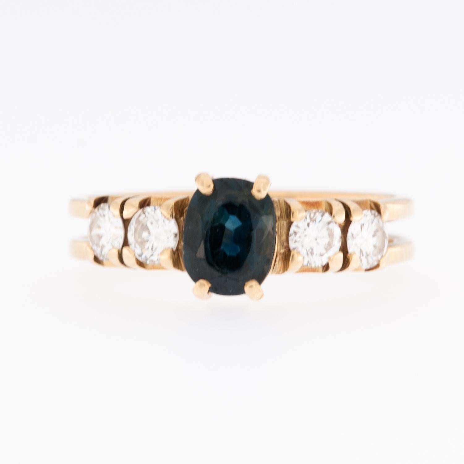 Mixed Cut Classic Belgian 18 karat Yellow Gold Ring with Diamonds and Sapphire For Sale