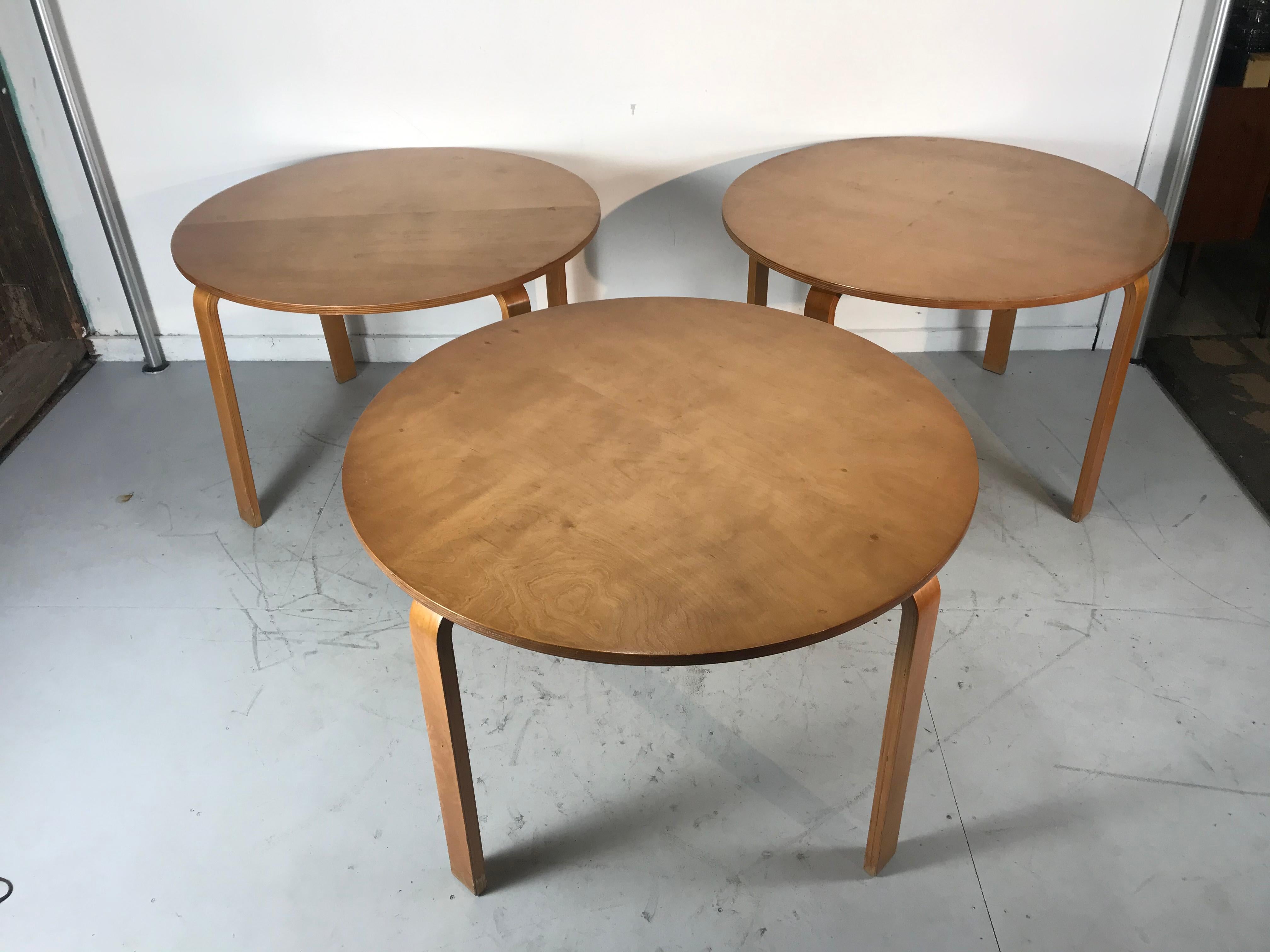 Classic bent plywood Bauhaus style dining tables attributed to Thonet, simple ,sleek design. All three tables retain original warm patina, nice original condition.