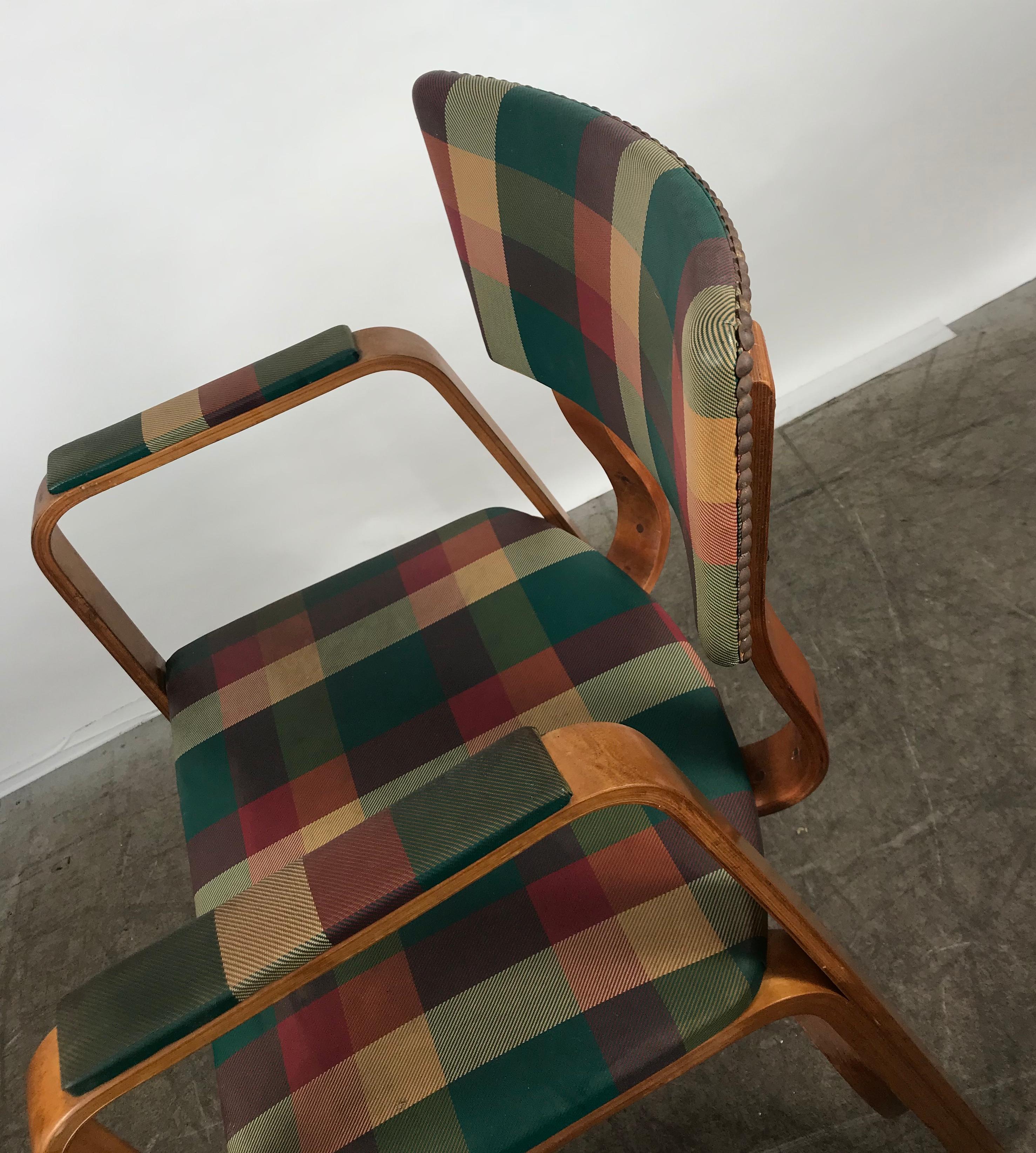 American Classic Bentwood Armchair with Original Plaid Oil Cloth by Thonet Brothers 1940 For Sale