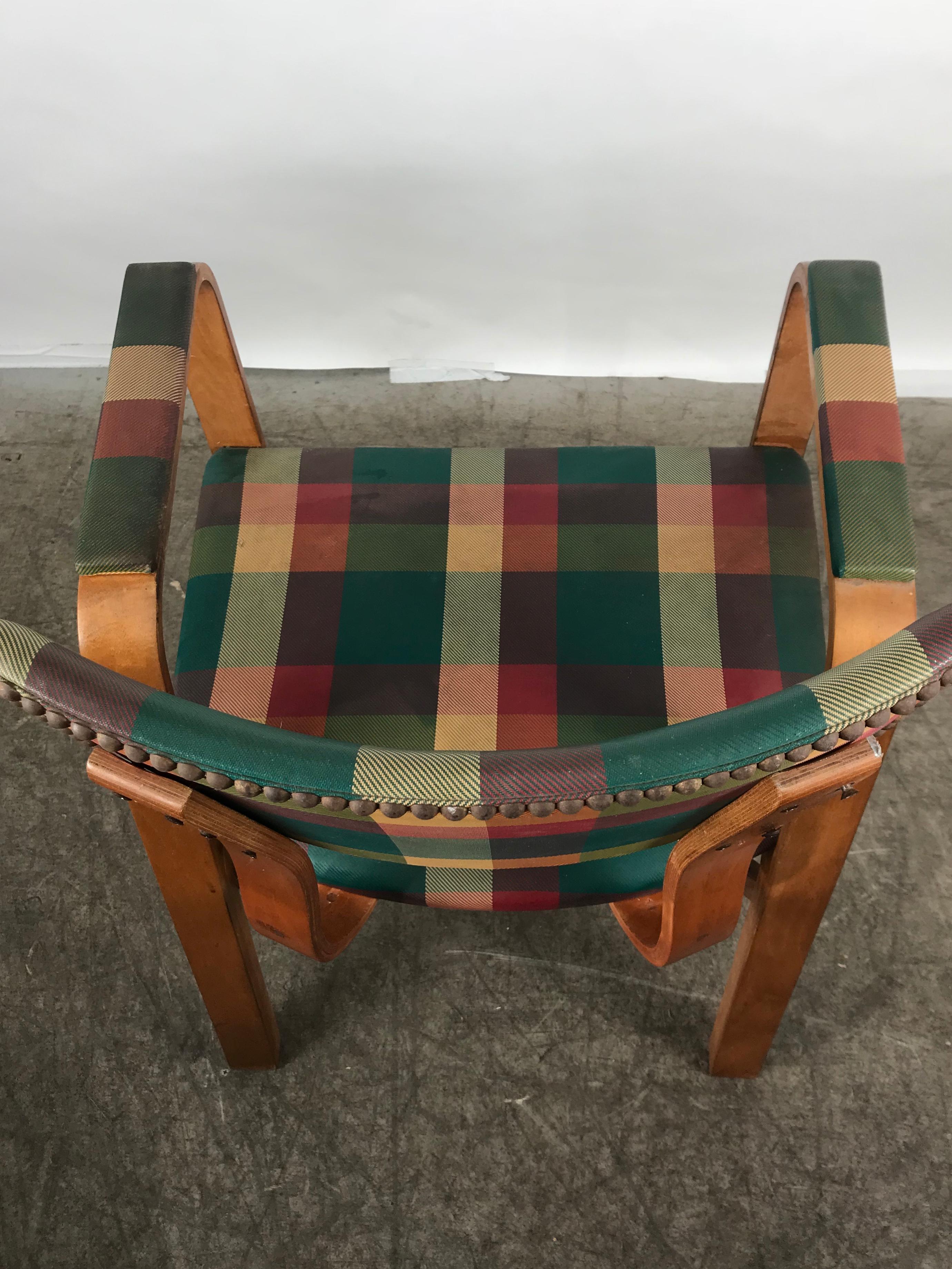 Classic Bentwood Armchair with Original Plaid Oil Cloth by Thonet Brothers 1940 In Good Condition For Sale In Buffalo, NY