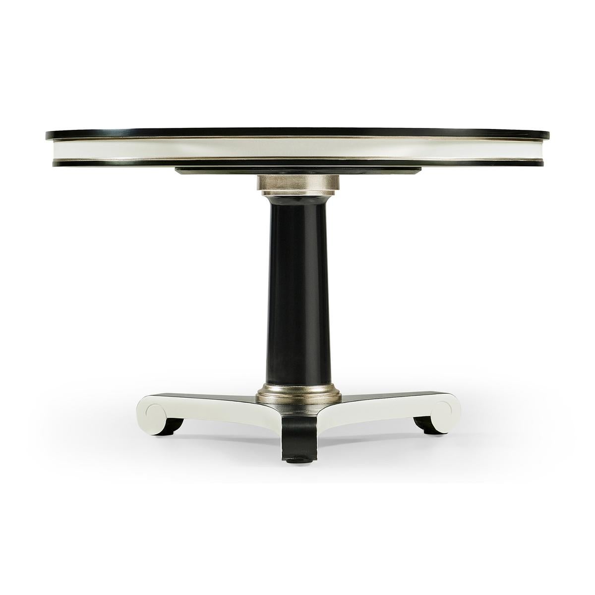 Classic black and white dining table inspired by the Biedermeier era, with clean lines, classic vibes and versatility which make it suitable for a variety of settings - dining, foyer, office or living. The bold black and white lines are accented