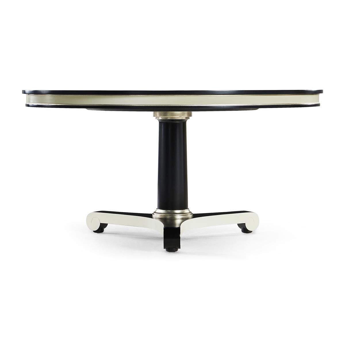 Classic black and white dining table inspired by the Biedermeier era, with clean lines, classic vibes and versatility which make it suitable for a variety of settings - dining, foyer, office or living. The bold black and white lines are accented