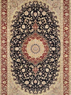 Classic Black, Gold, and Taupe Hand-Knotted Floral Pak-Tabriz Carpet, 6’ x 9’