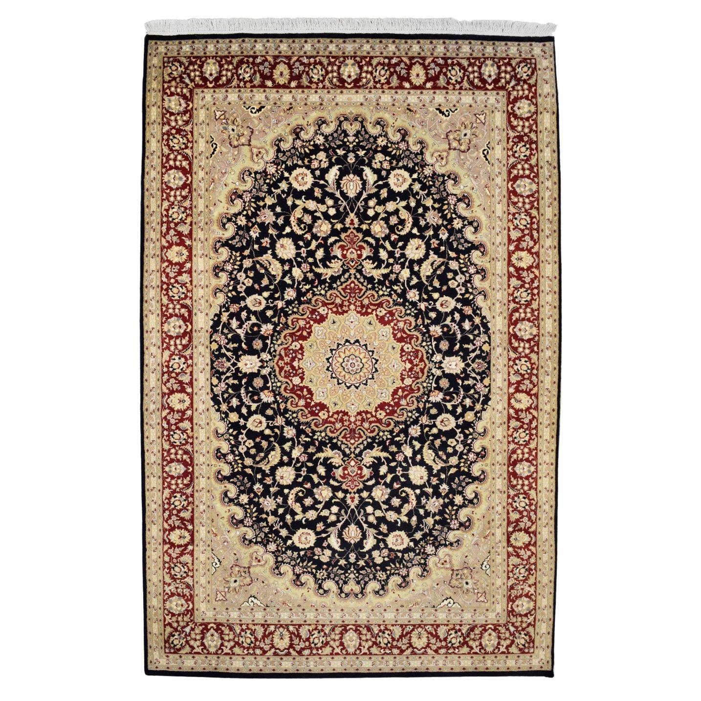 Classic Black, Gold, and Taupe Hand-Knotted Pak-Tabriz Carpet, 6’ x 9’ For Sale