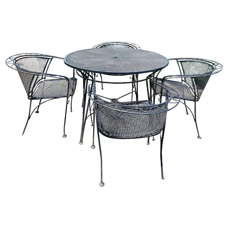 Classic Black Iron MidCentury Modern Outdoor Dining Table and Chairs