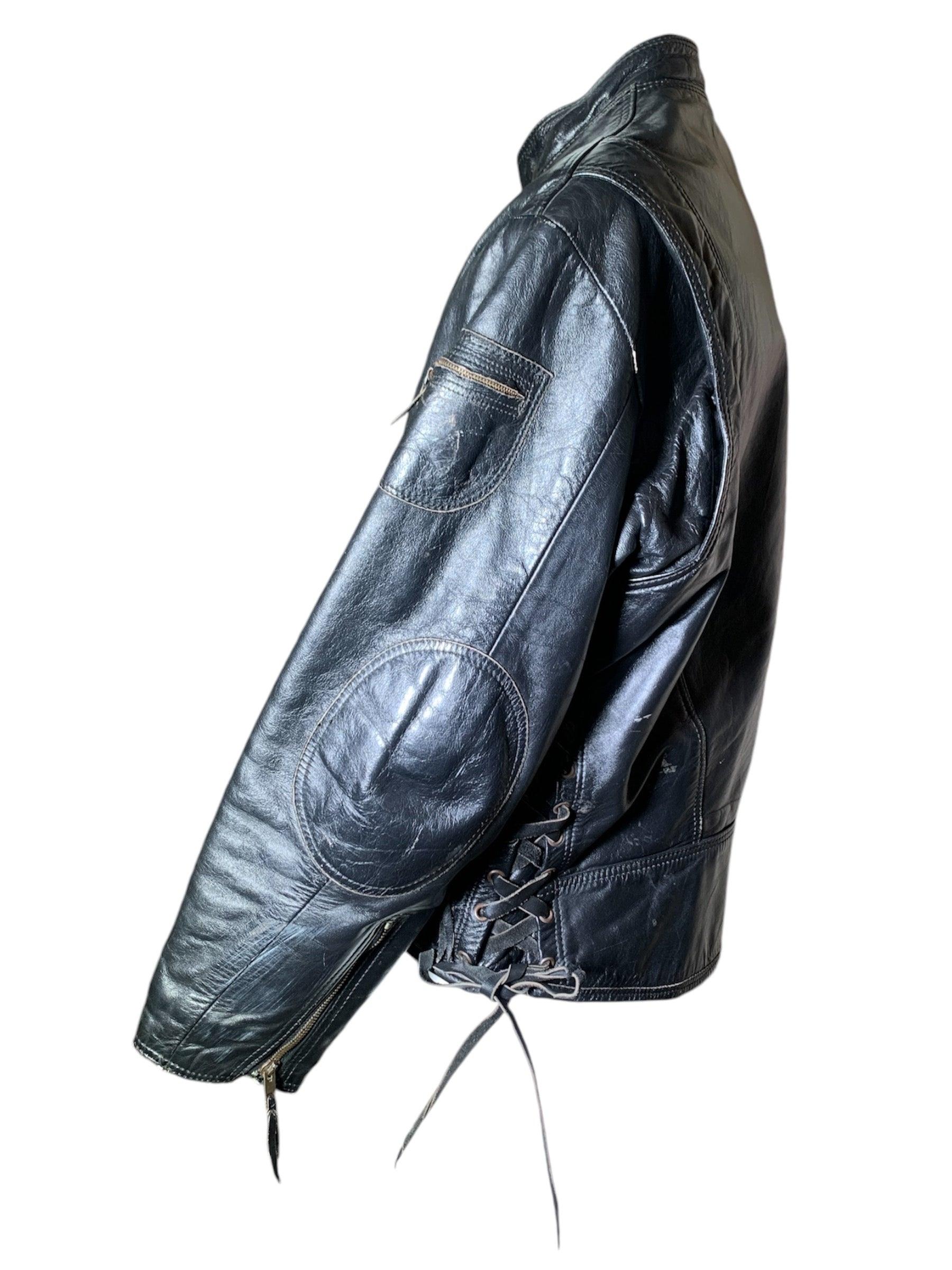 Noir Veste de moto Café Racer classique en cuir noir avec doublure en denim, années 1960 en vente