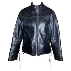 Classic Black Leather Café Racer Motorcycle Jacket w/ Denim Lining, 1960s