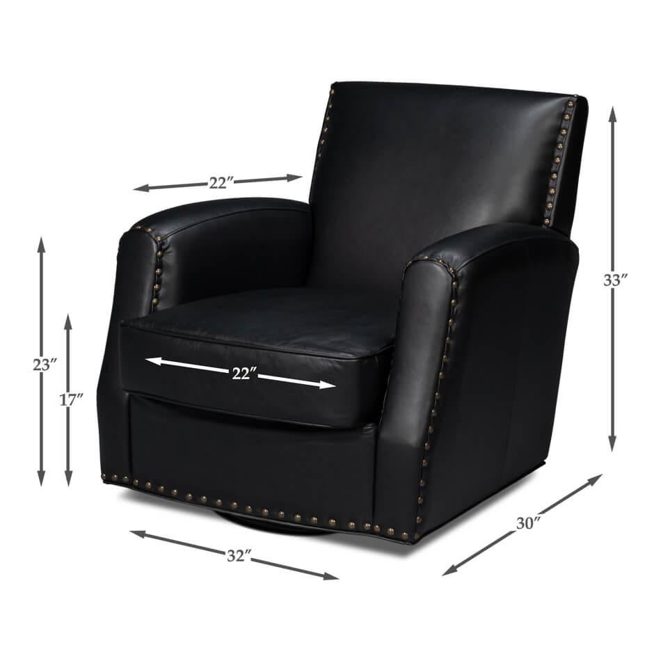 Classic Black Leather Swivel Armchair For Sale 5
