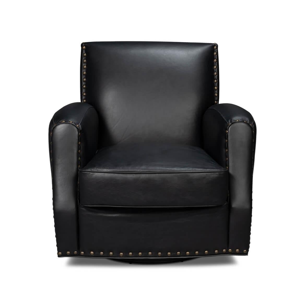 
A classic style Onyx Black leather upholstered armchair, upholstered with pure aniline top grade leather, with large nailhead details on a swivel base.
Dimensions: 32