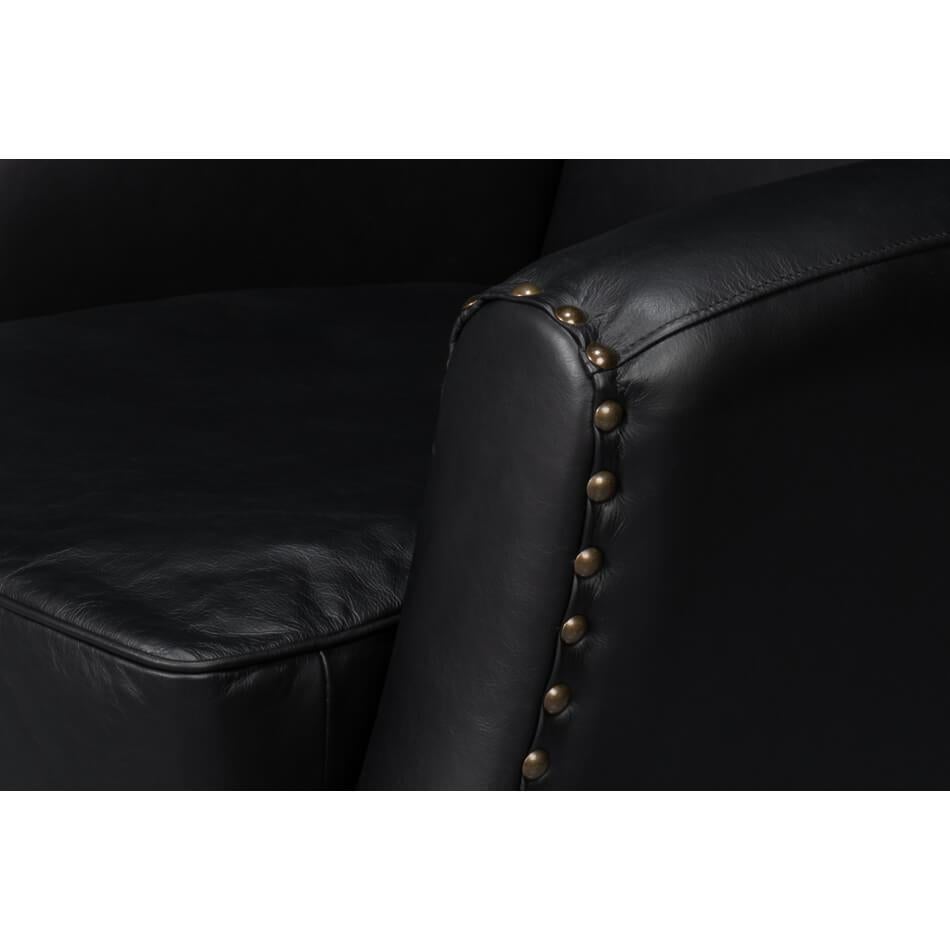Contemporary Classic Black Leather Swivel Armchair For Sale