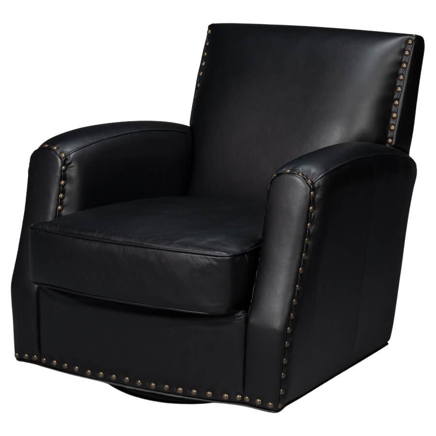 Classic Black Leather Swivel Armchair For Sale
