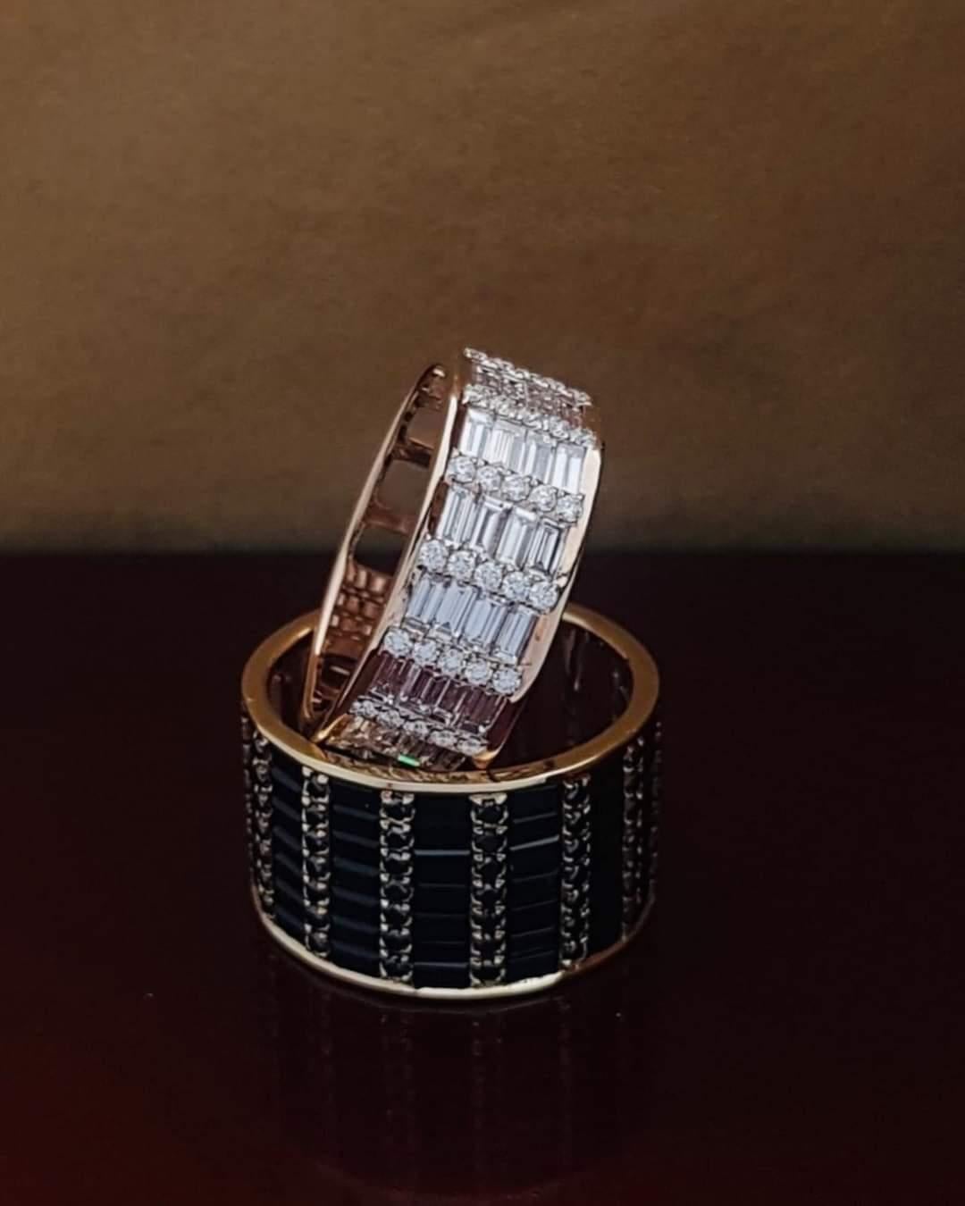 Women's or Men's Classic Black Sapphire and Black Diamond Cigar Band 7 Ring in 18K Gold Settings For Sale