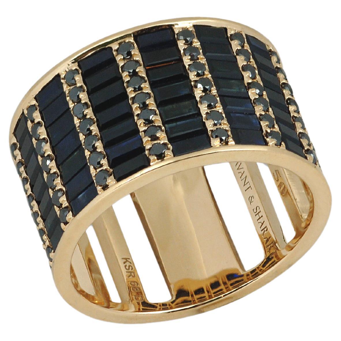 Classic Black Sapphire and Black Diamond Cigar Band 7 Ring in 18K Gold Settings