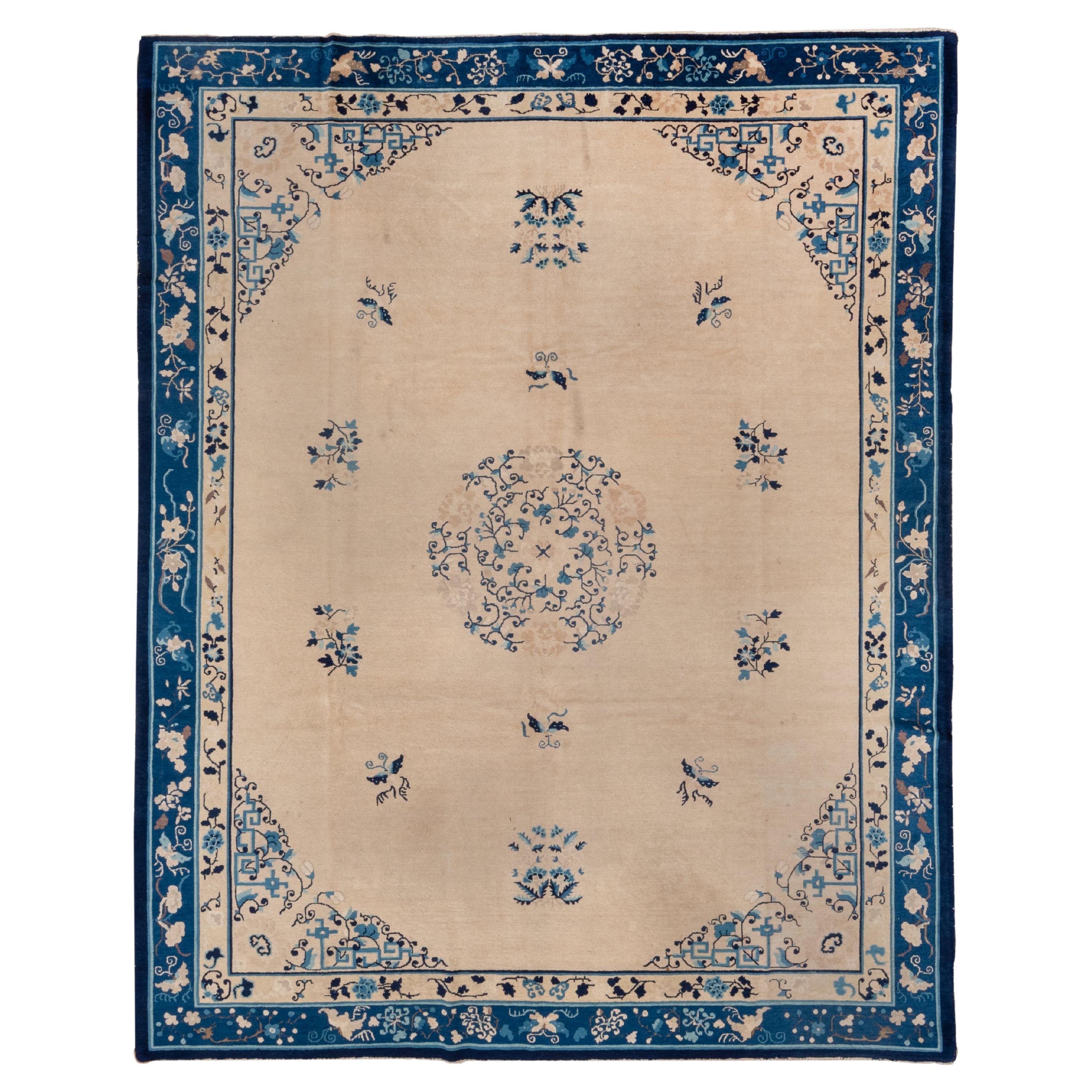 Classic Blue and White Antique Chinese Rug For Sale