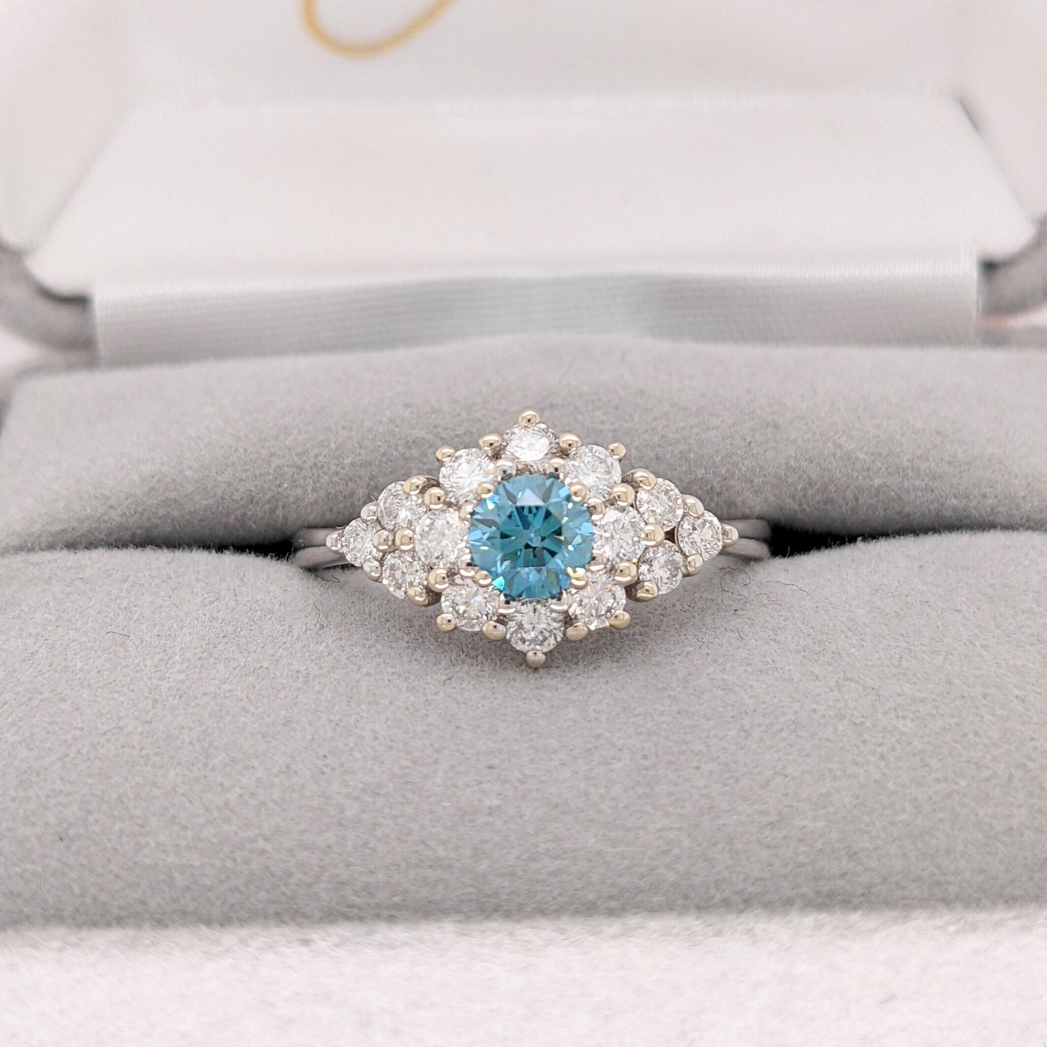Classic Blue Diamond Ring w Earth Mined Diamonds in Solid 14k Gold Round 4mm For Sale 1