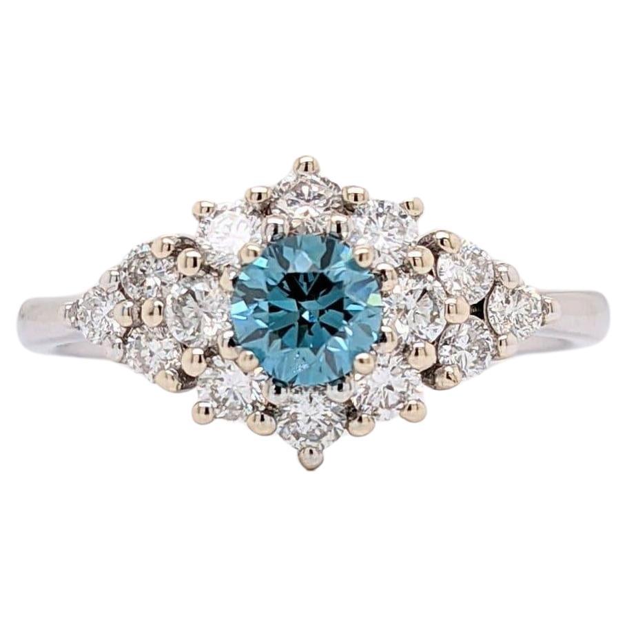 Classic Blue Diamond Ring w Earth Mined Diamonds in Solid 14k Gold Round 4mm For Sale