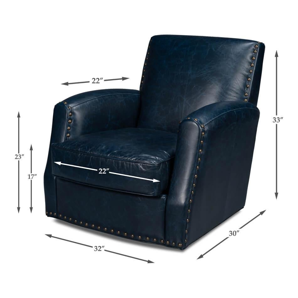 Classic Blue Leather Swivel Armchair For Sale 5