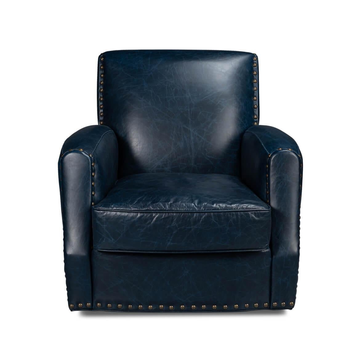 A classic style Chateau Blue leather upholstered armchair, upholstered with pure aniline top grade leather, with large nailhead details on a swivel base.

Dimensions: 32