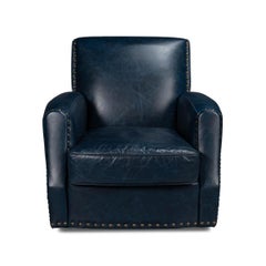 Classic Blue Leather Swivel Armchair