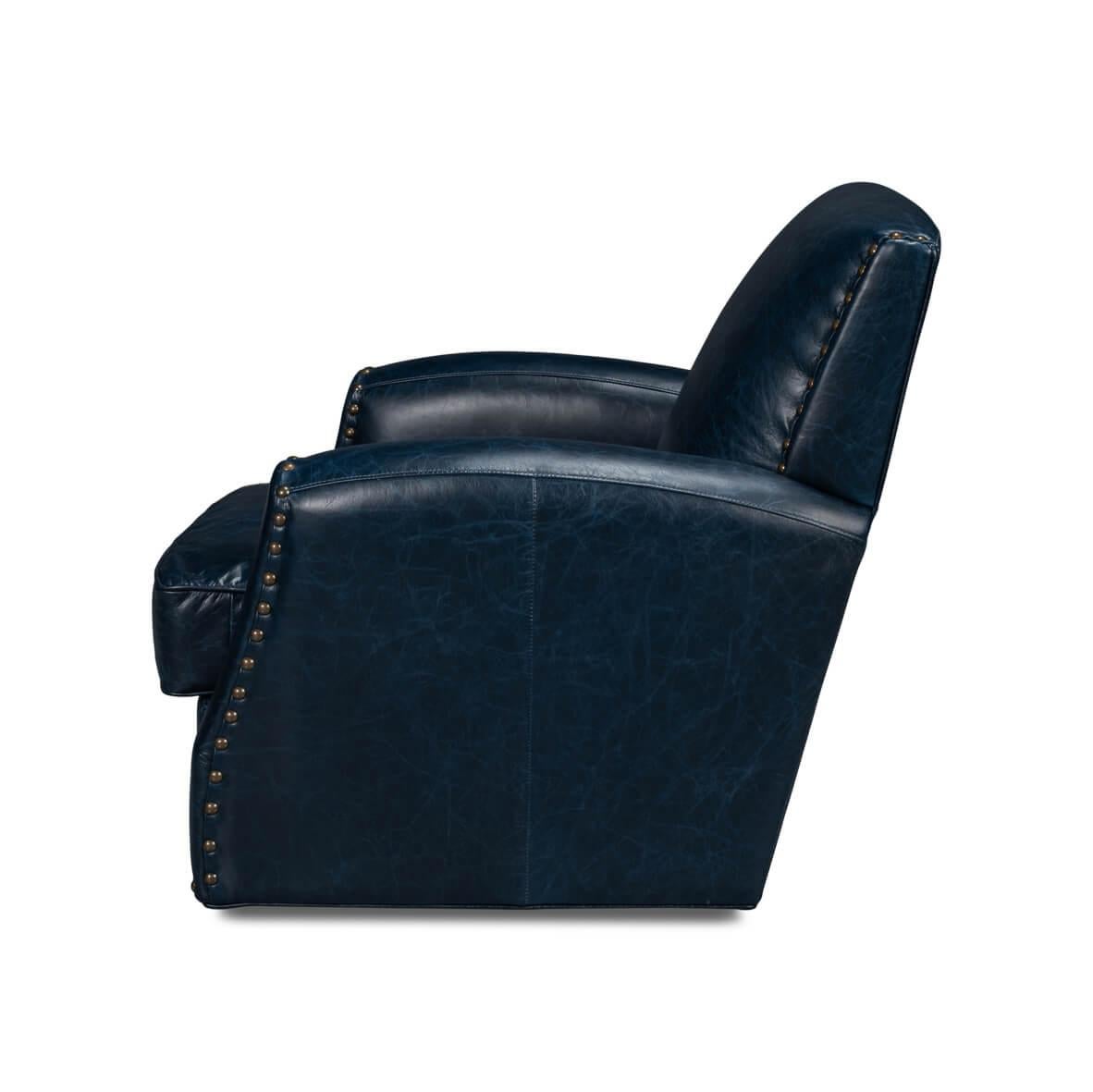 American Classical Classic Blue Leather Swivel Armchair For Sale