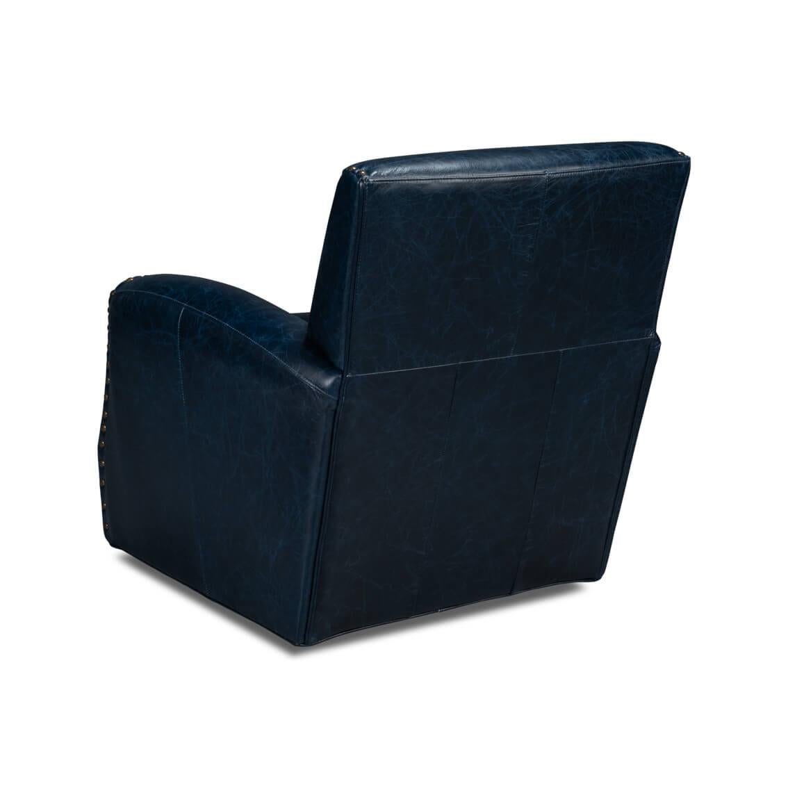 Classic Blue Leather Swivel Armchair In New Condition For Sale In Westwood, NJ