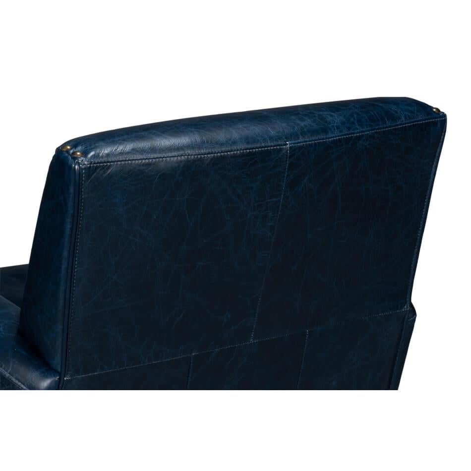 Contemporary Classic Blue Leather Swivel Armchair For Sale