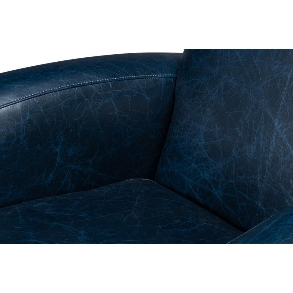 Classic Blue Leather Swivel Armchair For Sale 3